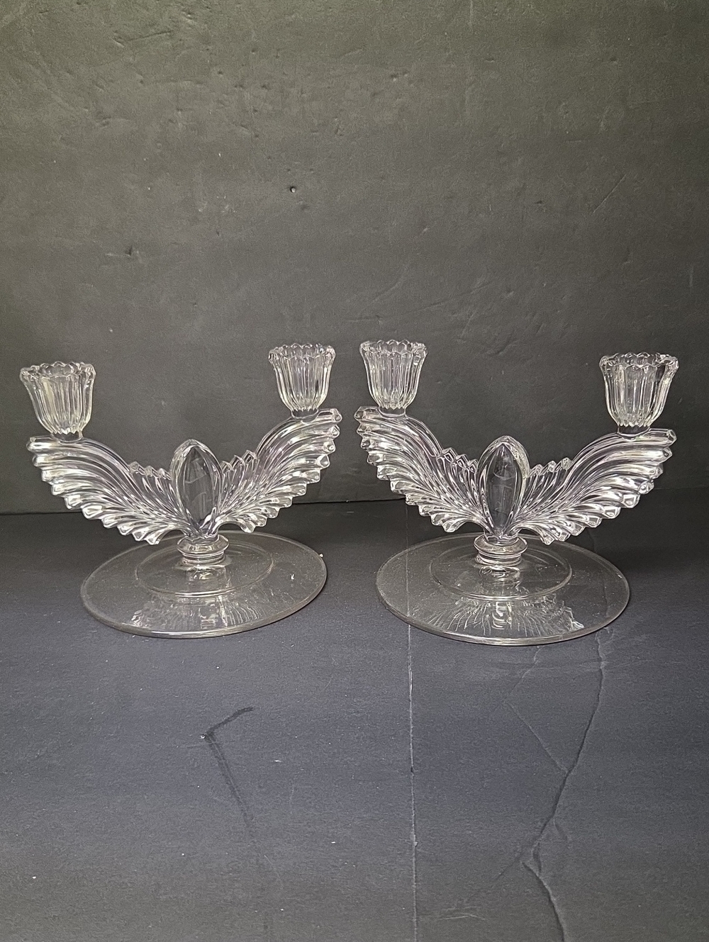 Tiffin Feathered Wing Double Candlestick Holders Pair‎ 1938-44